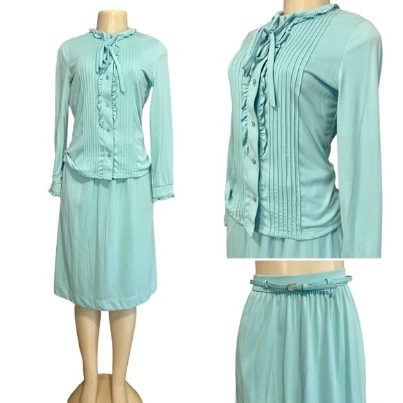 Vintage Blouse & Skirt set by Butte Knit of in Light Blue Size S 3 pieces 1970s. - Picture 2 of 10